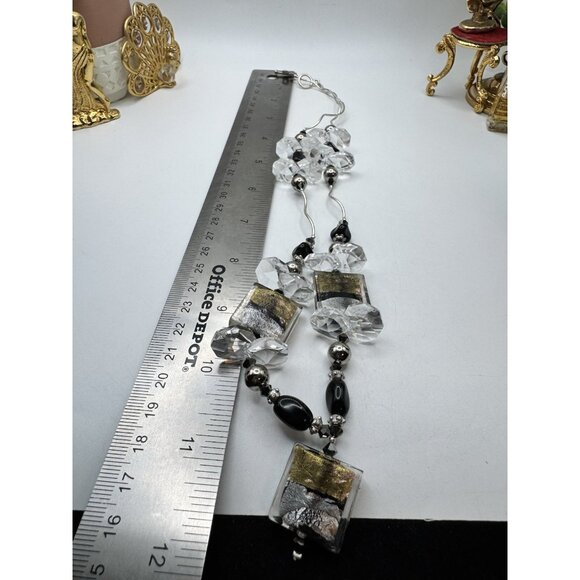 Black Silver Foil Art Glass Beaded Silver/Gold Tone And Crystal Necklace Vintage - Picture 4 of 9